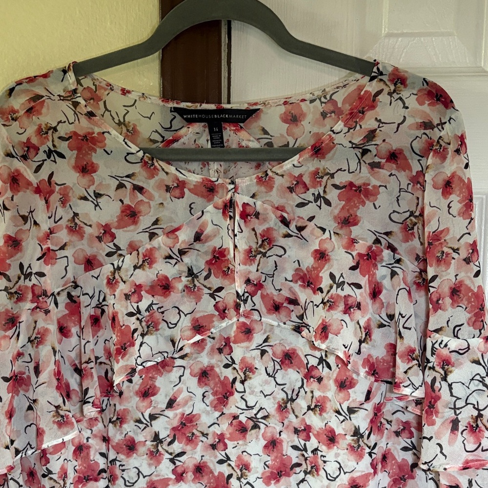 White House Black Market Pink Floral Sheer Ruffle Blouse - Picture 3 of 12